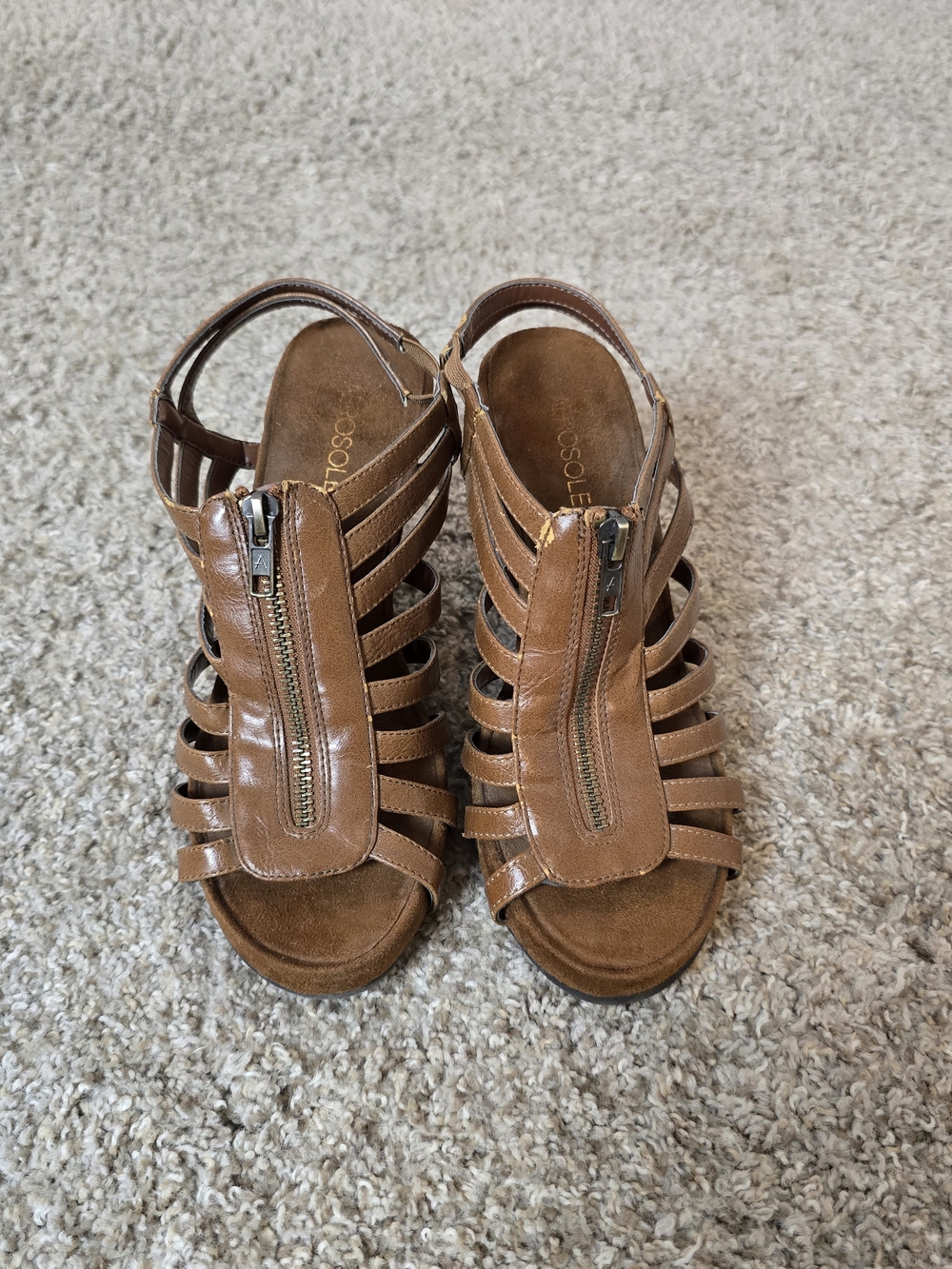 Aerosoles Strappy Wedge Sandals Brown Zip Man Made Casual Women's Comfort 7.5 M